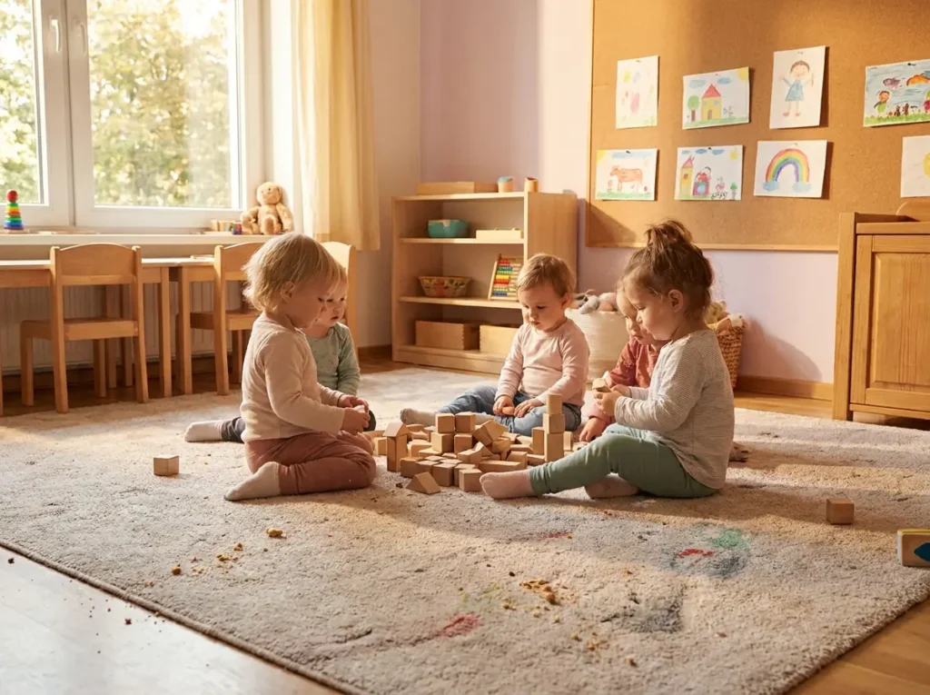 Dzieci bawią się klockami na zabrudzonym dywanie w sali przedszkolnej wymagającym higienicznego prania.