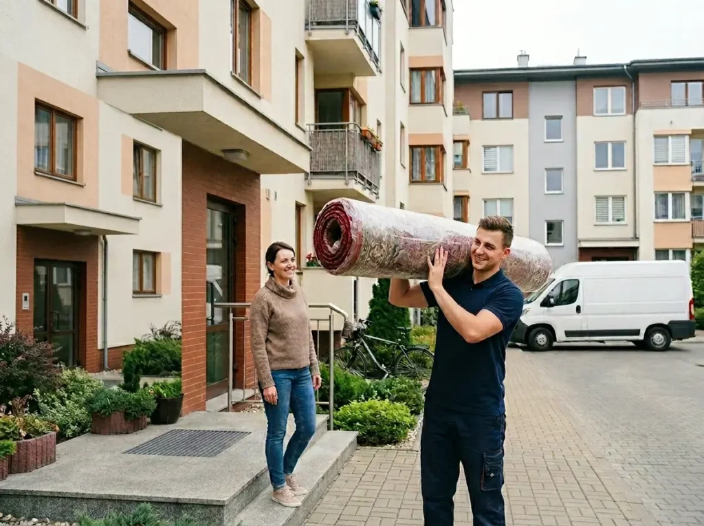 Pracownik niesie zwinięty dywan przed blokiem, obok klientka i auto dostawcze do odbioru z Poznania.