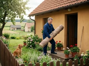 Pracownik wynosi zwinięty dywan z domu z ogrodem, usługa odbioru dywanów z Plewisk, Komornik i Lubonia.