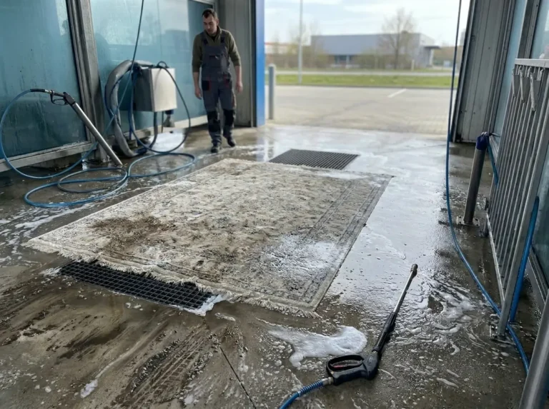 Mokry dywan leży na posadzce myjni samochodowej obok piany i lancy ciśnieniowej, pokazując ryzyko takiego prania.