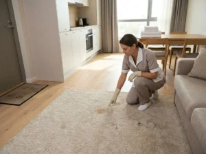 Osoba sprzątająca wskazuje plamy i zabrudzenia na jasnym dywanie w apartamencie na wynajem.