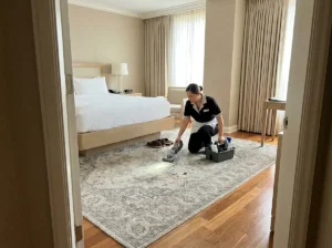 Pracownica hotelu czyści zabrudzenia na wzorzystym dywanie w pokoju hotelowym przy łóżku.